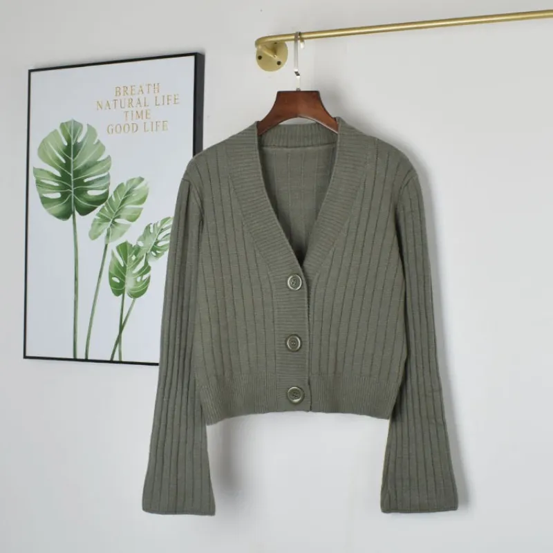 Cardigan Höst Lång Flare Ärm Kort Tröja Kvinnor Ribbed Stickade Bomull Toppar Svart Vit Ladies Mjuk Outwear Kvinna 210419