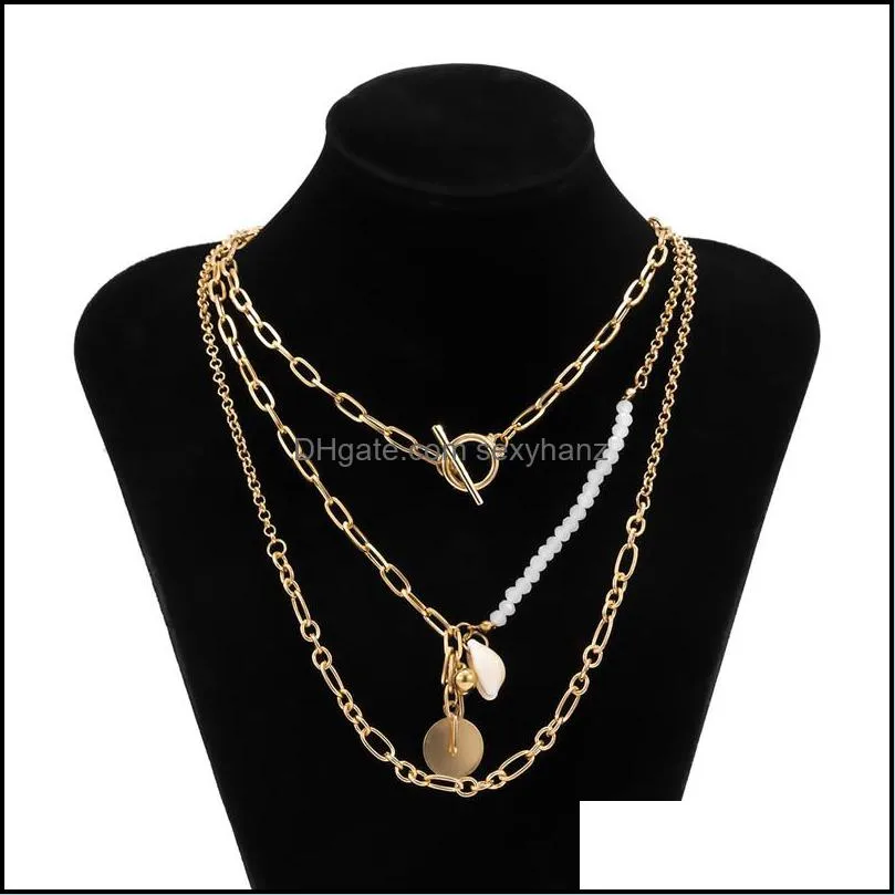 European Rice Bead Shell Pendant Necklaces Multi Layer OT Buckle Clavicle Chain Women Geometric Gold Hip Hop Suit Necklace Jewelry Accessories