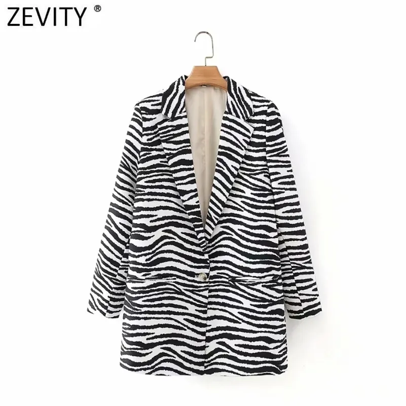 Women Vintage Zebra Striped Print Fitting Blazer Coat Office Lady Long Sleeve Pocket Suits Outerwear Chic Tops CT688 210416