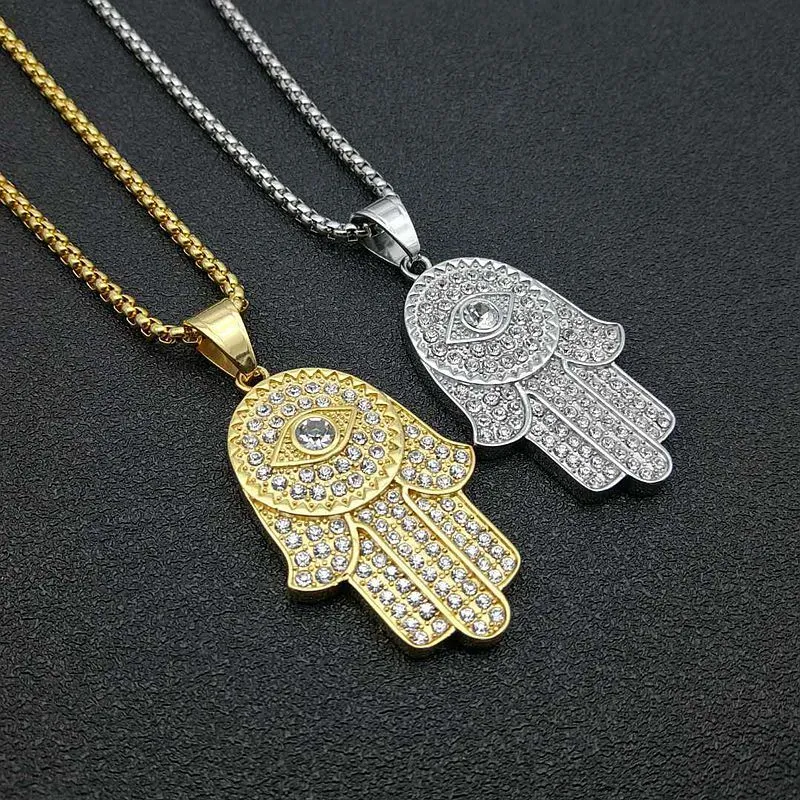 Hip Hop Iced Out Hamsa Hand Of Fatima Turkish Eye Pendant Necklace Gold Color Stainless Steel Chain For Men Jewelry Drop