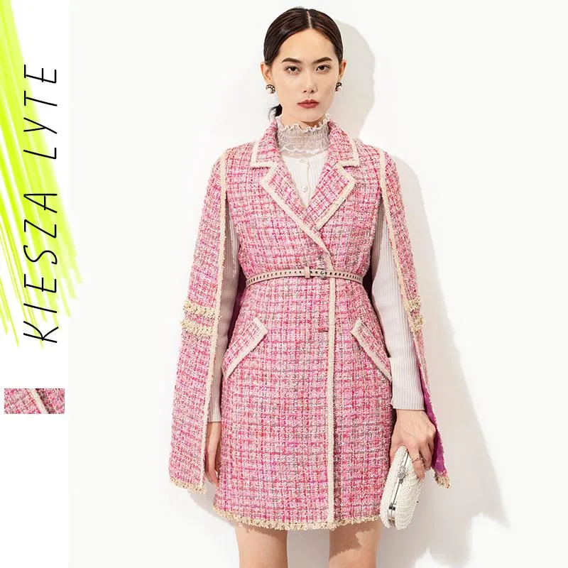 Runway Fashion Pink Cape Tweed Coat for Women, Office Lady Vintage Midi  Bat-Sleeve Cloak Jacket, Autumn Winter Wool Blend Clothing Outfit