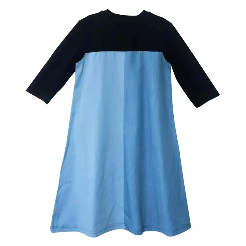 4 to 14 years kids & teenager girls summer denim jeans color block cotton casual flare black dress child three quarter dresses 211027