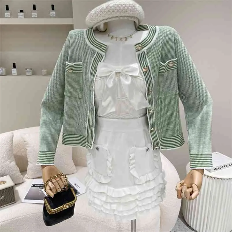 Lente schattige Koreaanse zoete gebreide cardigan jas + crop top bodycon geplooide rokken sets meisjes elegante vrouwen outfits 210514