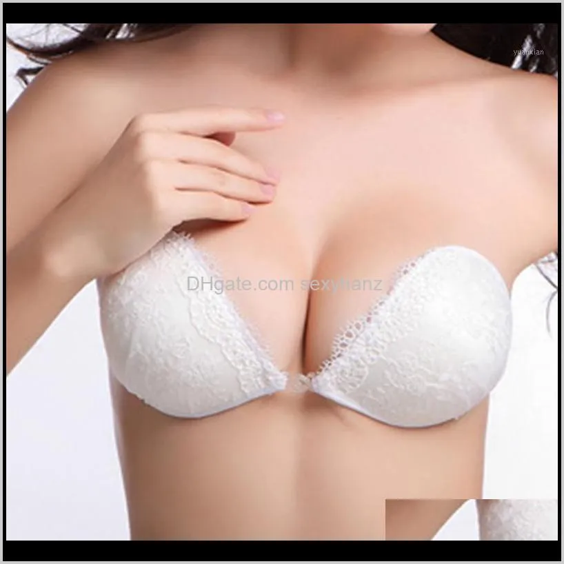 Apparel Drop Leverans 2021 Adhesive Osynlig bras Strapless Sexig Vit Blommig Lace Push Up Bröllop Seamless Womens Underkläder BH med Packag