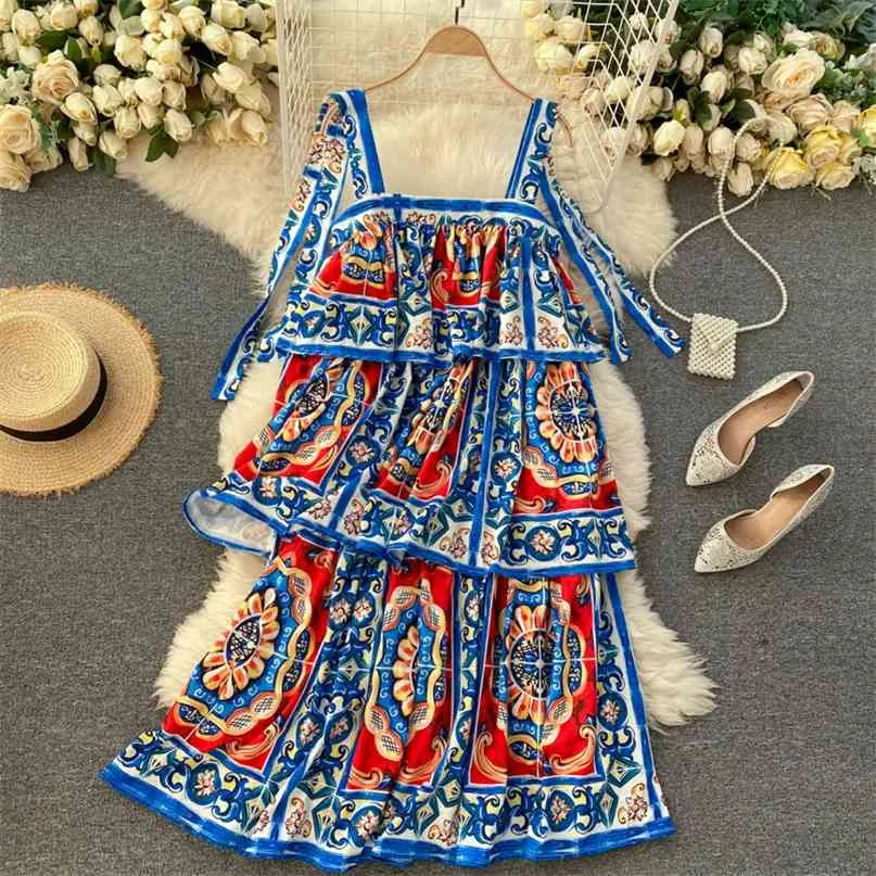 European Moda Mulheres Vestido Verão Elegante Espaguete Cinta Floral Impressão Design Caminhada Ruffles Midi Holiday Beach 210603