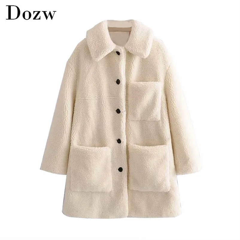 Mode Solide Teddy Mantel Frauen Winter Taschen Fleece Casual Mid Länge Jacken Langarm Lamm Pelz Jacke Manteau Femme 210515