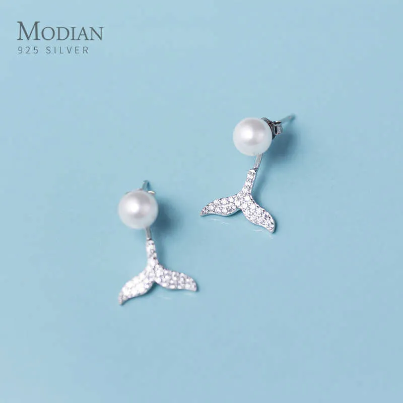 Real 925 Sterling Silver Pearl Shining CZ Lovely Mermaid Tail Dop Dangle Earring for Women 3 Style Fine Jewelry 210707