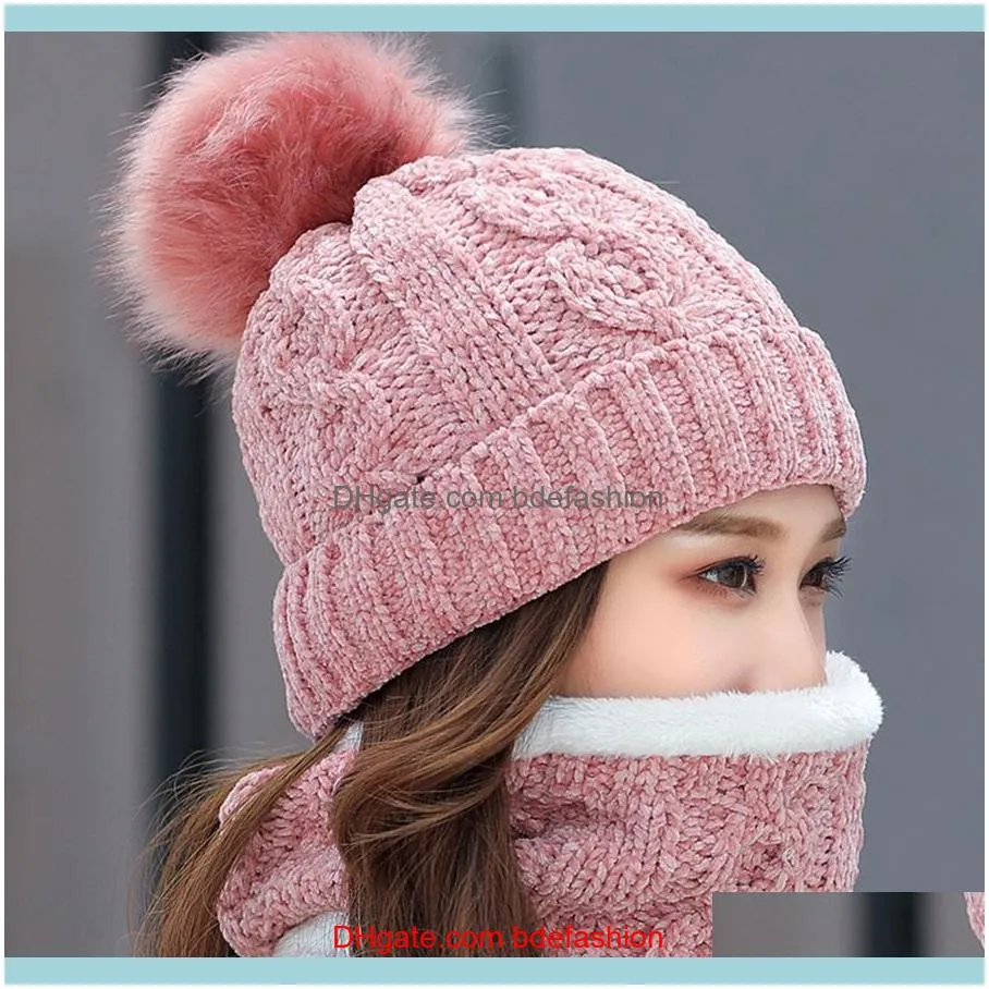 Woman Knit Hat Scarf Sets Winter Pom Pom Knitted Beanie Hats Woman Crochet Scarves Outdoor Warm Party Caps TTA1832