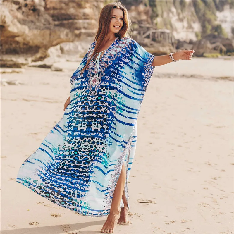 Bohemian Printed Summer Women Beachwear Kaftan Cover-ups Beach Dress Cotton Tunic Swim Wear Cover Up Robe de plage #Q736 210420