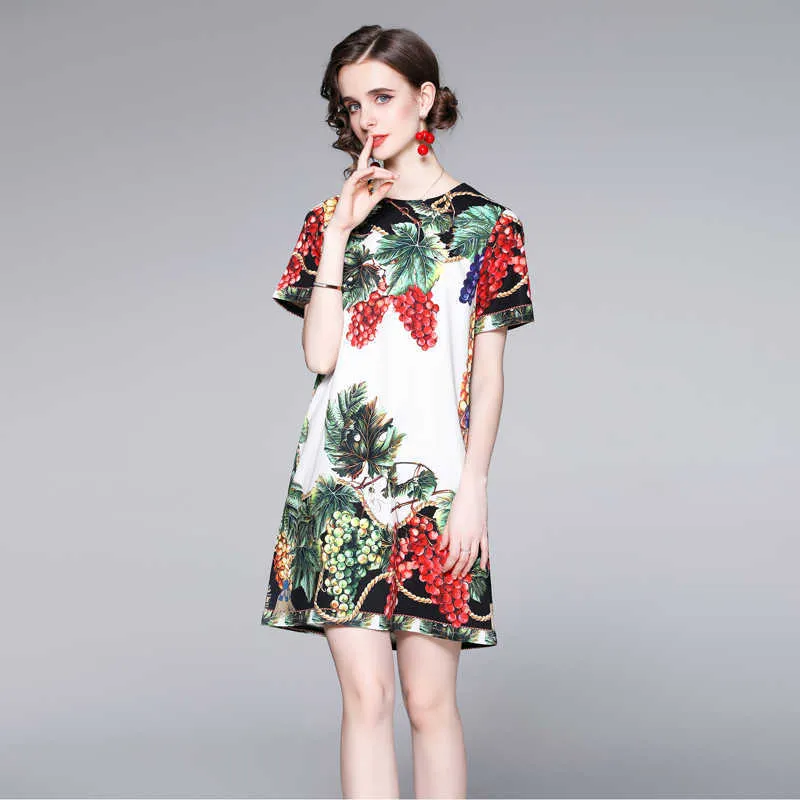 Fashion Runway Summer Dress Women Short sleeve Chic Grape Print Vintage Mini 210529