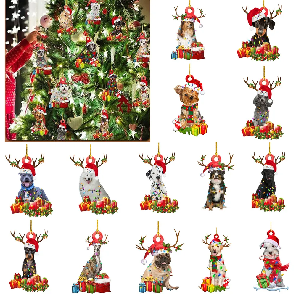 2021 Houten Leuke Hond Kerstboom Ornament Xmas Shatterbestendige Bal Beeldjes Decor Natische Party DIY Blessing Puppy Herten Hanger Sculpturen Gift