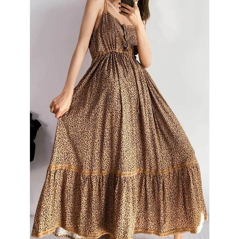 Leopard Print Boho Maxi Dress for Women - Vintage Style, Adjustable Waist, Button Detailing.