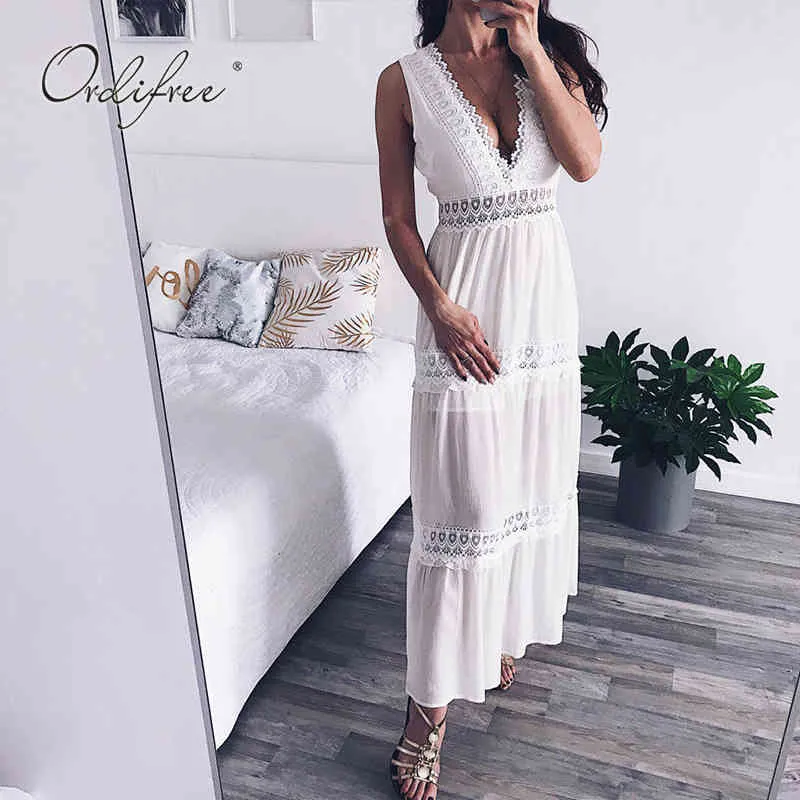 Summer Women Long Chiffon Sleeveless Sexy Backless White Lace Crochet Maxi Beach Dress 210415