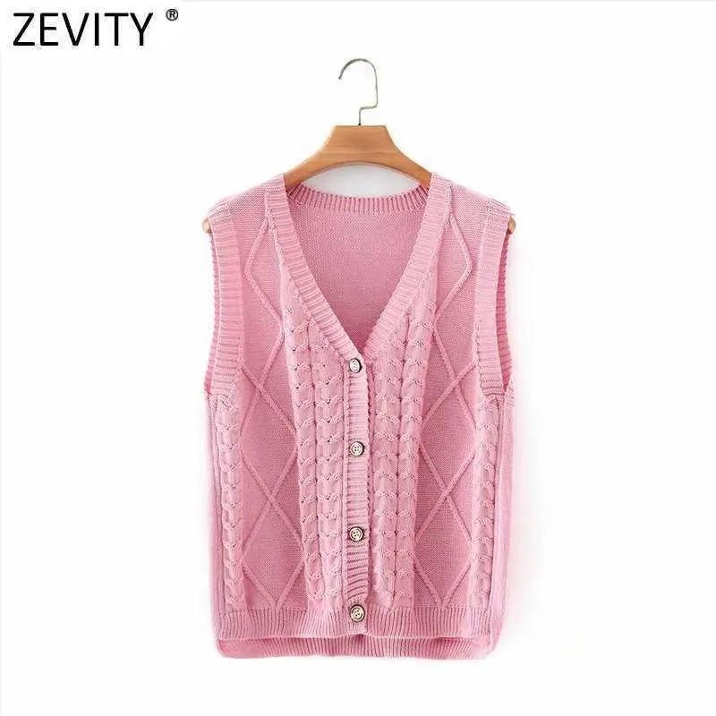 ZEVITY Kadın V Yaka Şeker Renk Büküm Tığ Örgü Yelek Kazak Femme Chic Tatlı Göğüslü Yelek Hırka Tops S618 210603