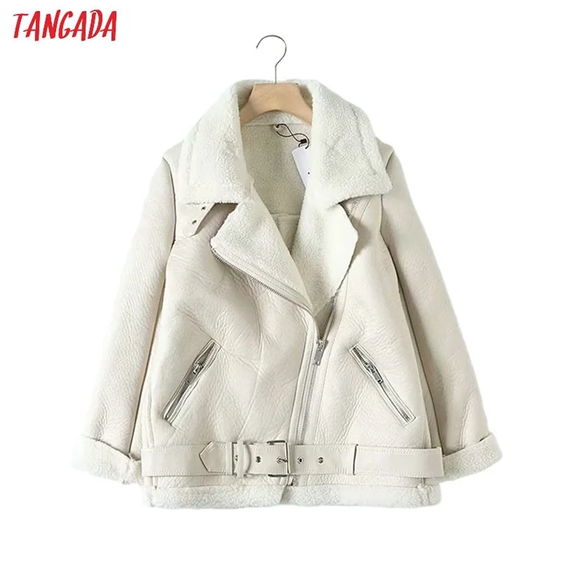 Tangada Kvinnor Beige Fur Faux Leather Jacket Coat With Belt Snow Down Collar Ladies Vinter Tjock Varm Överdimensionerad Coat 5B01 211223