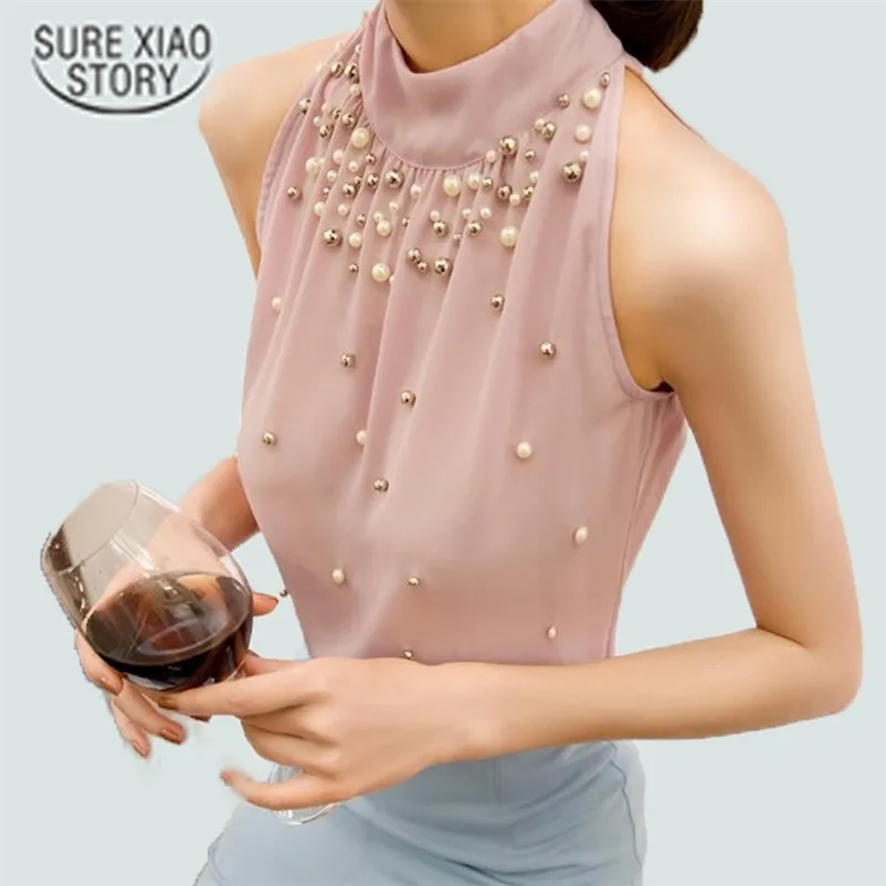セクシーなビーズシフォン韓国のファッションノースリーブタートルネックブラウスシャツ女性トップS M L XL835I 42 210415