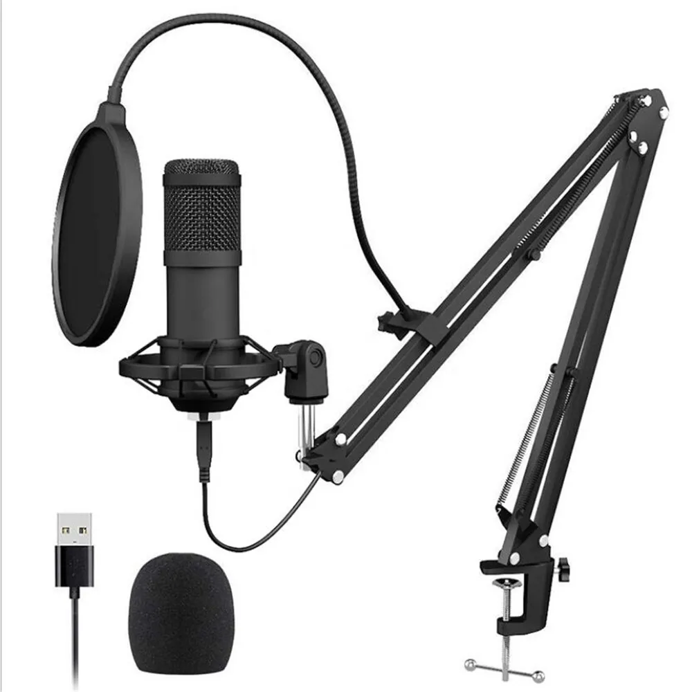 Streaming USB Podcast PC Microfone Estúdio Profissional Cardioid Condensador Mic Kit com placa de som Boom Braço Montagem Filtro 192KHz / 24bit