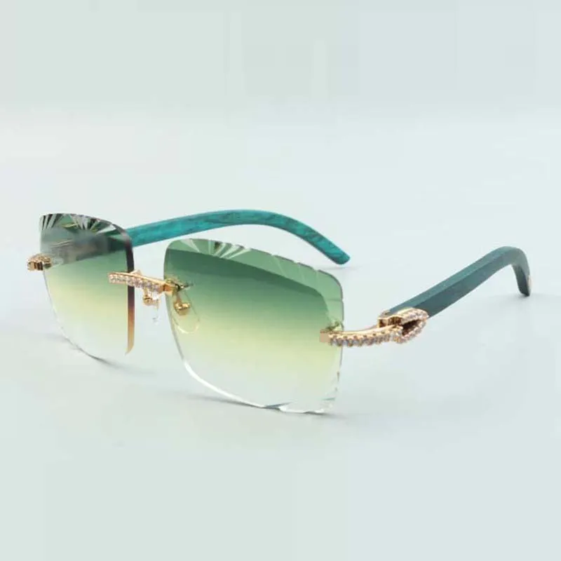 Vente directe de lunettes de soleil en diamant moyen à verres taillés 3524020, lunettes cyan avec branches en bois, taille: 58-18-135 mm