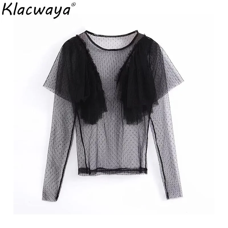 Vrouwen zwart transparant organza blouse shirts 2021 zomer strand mode dames elegante zon shirt partijen meisjes chique tops femme dames blous