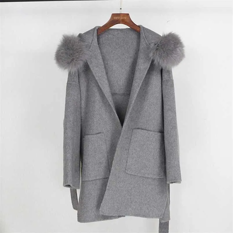 OFTBUY Real Fur Coat Winter Jacket Women Loose Natural Fur Collar Cashmere Wool Blends Outerwear Streetwear Oversize 211110