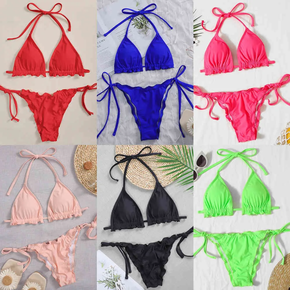 Sexy Bikini 2021 Swimsuit Mulheres Ruffle Swimwear Feminino Bandage Halter Bikini Set Brasileiro Terno Banheira Praia Wear Biquinix0523