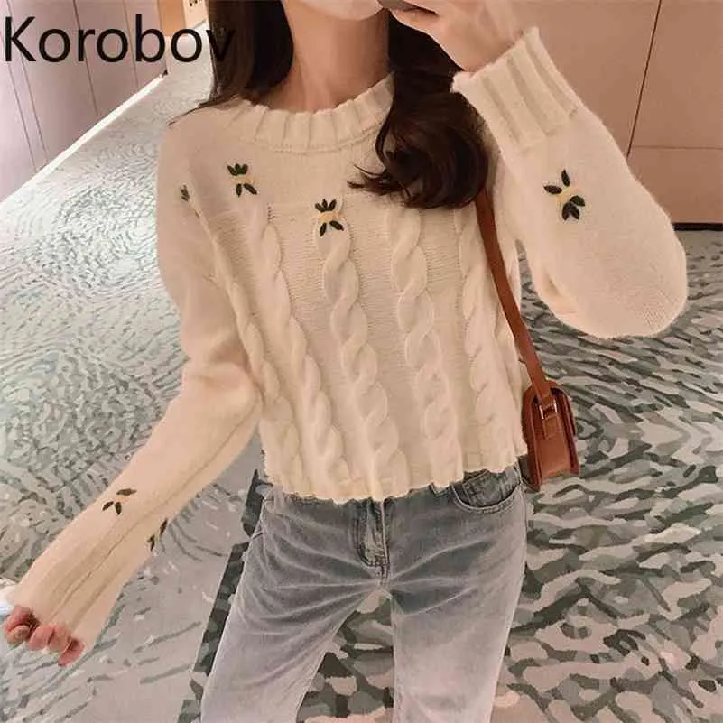 Korobov Nouvelle Arrivée à manches longues Femmes Pulls Pulls Pulls Flower Broderie O Crous Jumper Femme Crop Suter Mujer 210430