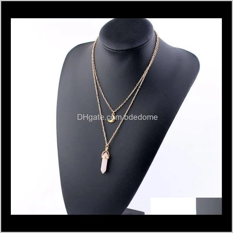 two layers necklace gold moon and color hexagon stone crystal prism pendant choose with plated metal chain fashion jewelry