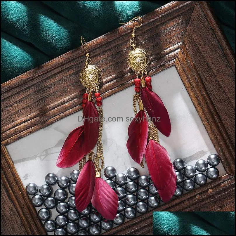 S1473 Bohemian Fashion Jewelry Vintage Feather Earrings Long Tassels Feather Dangle Earrings