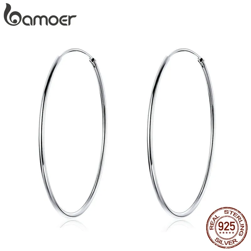 Bamoer Platinum Plated Big Hoop dla 925 Sterling Silver Biżuteria Kobiet Mody Kobiety Kolczyki 30mm 40mm 50mm