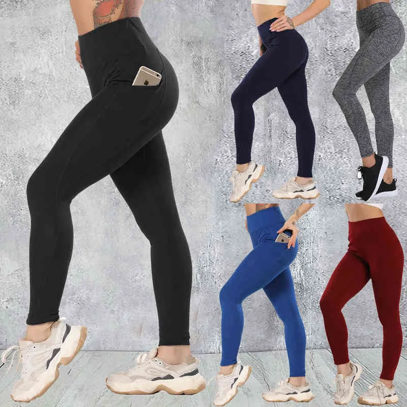 Yoga byxor med fickor Sportkläder träning Leggings Kvinnor Hög midja Fitness Telefon Pocket Kläder Running Elastic Gym Kläder H1221