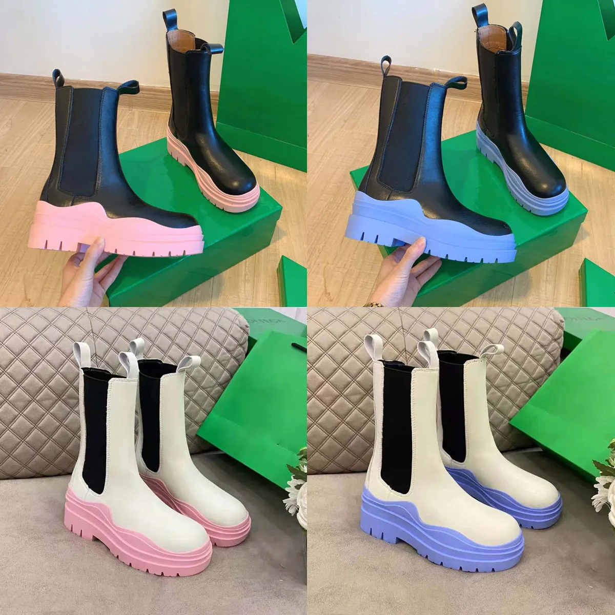 Botas Femininas de Couro Martin Tornozelo Chaelsea Bota Moda Antiderrapante Sola de Borracha Colorida Ondulada Sola de Borracha Elástica Cinta Designer Alta qualidade