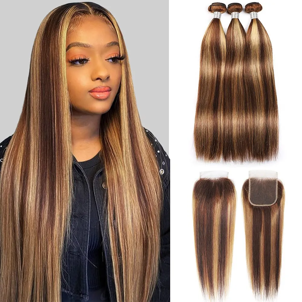 Highlight Brazilian Straight Hair 3 Bundles With Closures Free Part P4/27 Color Full Soft Dyeable