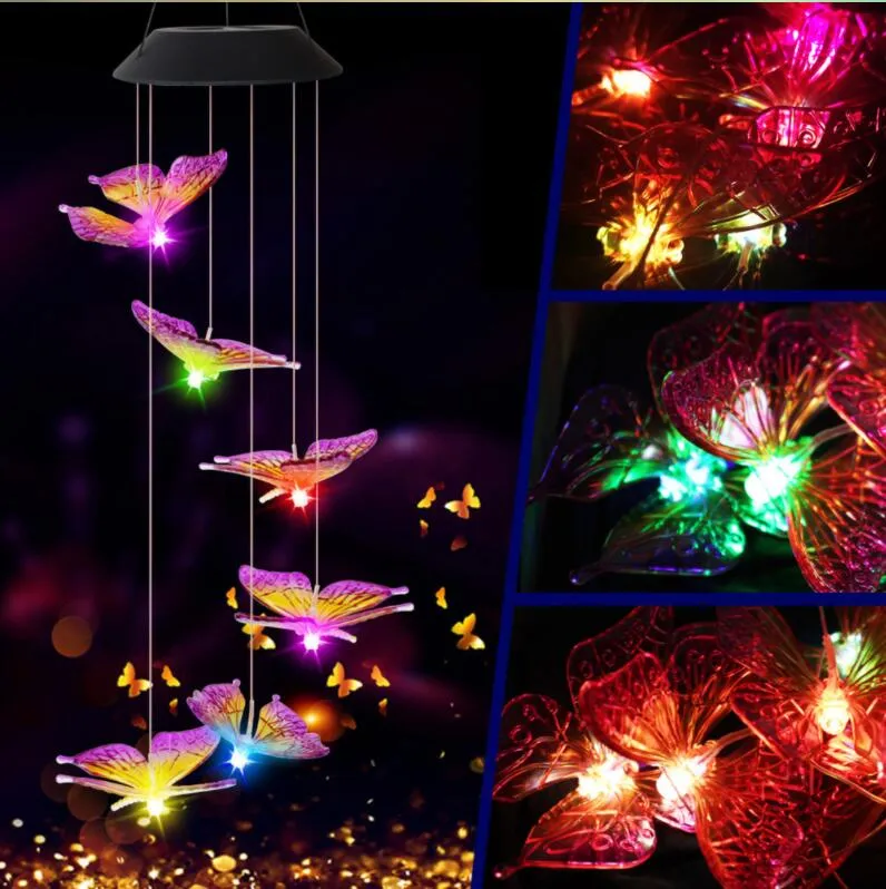 Color Solar Wind Chime Novelty Lighting Hummingbird Butterfly Waterproof Outdoor Windchime Changing Hanging Solar Light