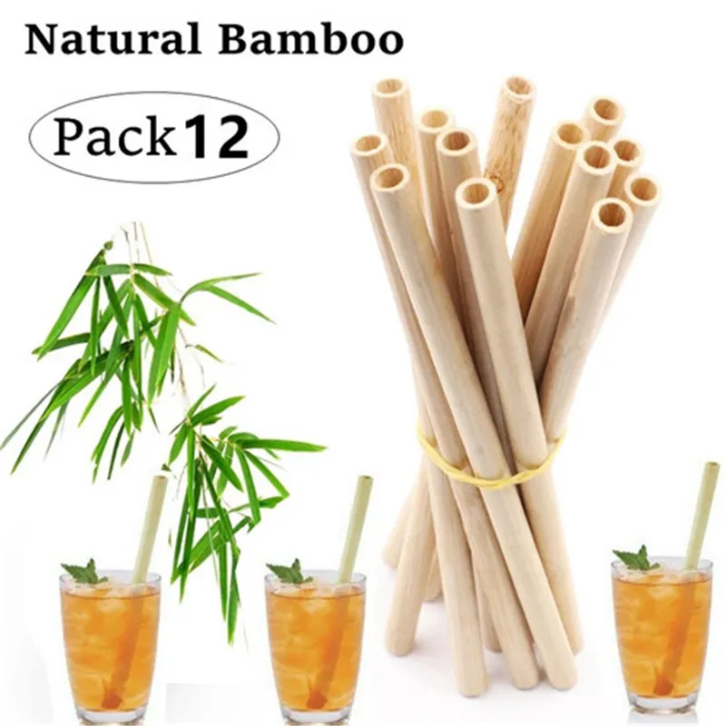 12st Naturliga bambu halm 20cm Återanvändbara dricksrullar med rengöringsborste Miljövänligt Bamboos Cocktail Bar Tillbehör