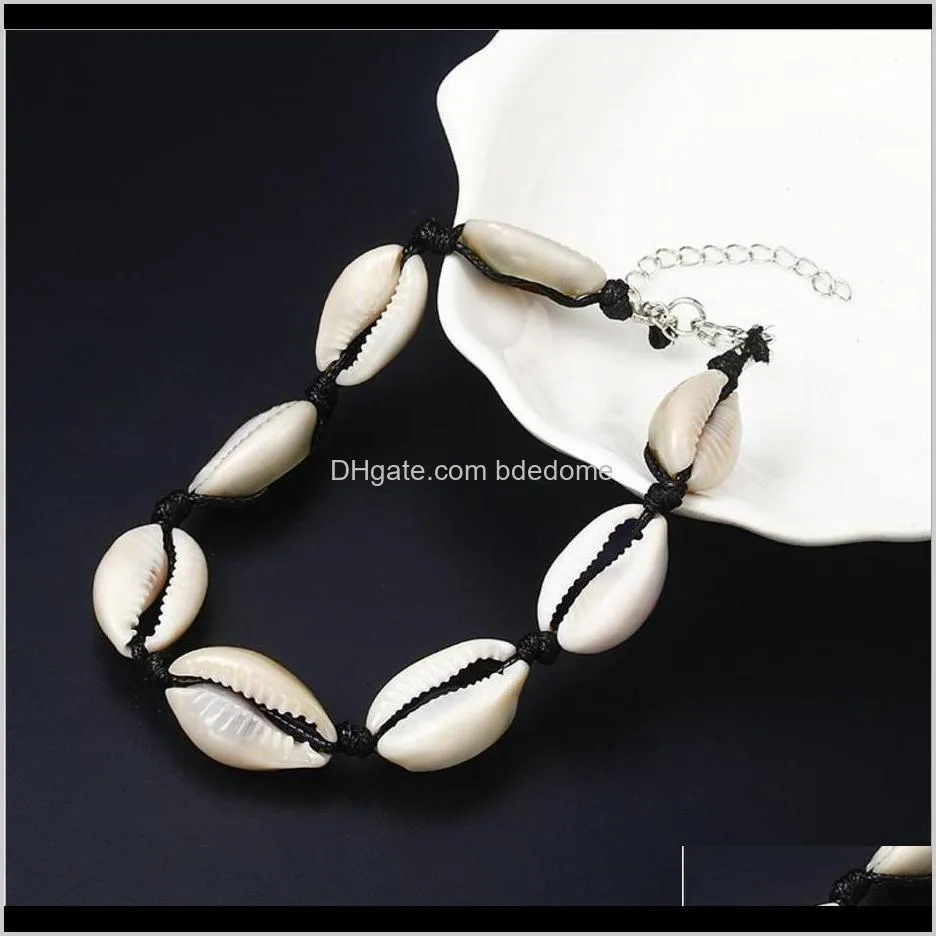 beach cultures seashell conch charm connected with white black string rope extended silver plated metal chain woman anklet