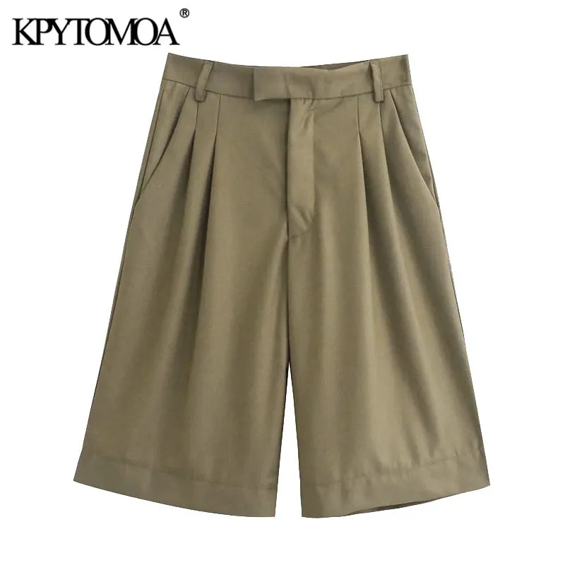 Kvinnor chic mode sidofickor darted bermuda shorts vintage hög midja dragkedja flyga kvinnliga korta byxor mujer 210416