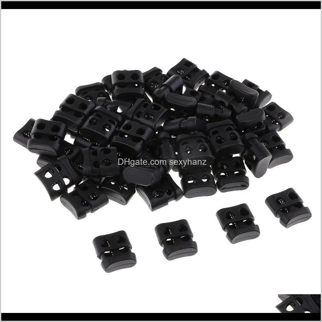 50pcs plastic double hole cord locks spring toggle stopper for shoelaces bag