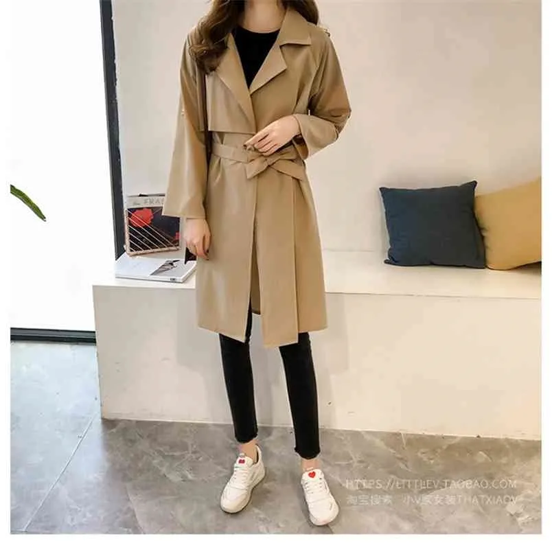 Vår Höst Kvinnors Trenchs Koreanska Pure Färg Lace Mid-Length Windbreaker Loose Slim Female Coat LL613 210506
