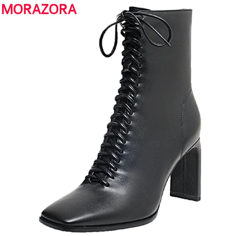 MORAZORA Autunno Inverno Genuino Stivali di Pelle Donna Lace Up Cowgirls Tacchi Alti Signore Stivaletti Per Le Donne Calzature Femminili 210506