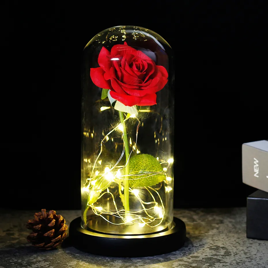 Cadeau de saint valentin, fleur la belle et la bête, Rose dans un dôme en verre, lampe Led, décoration idéale pour petite amie