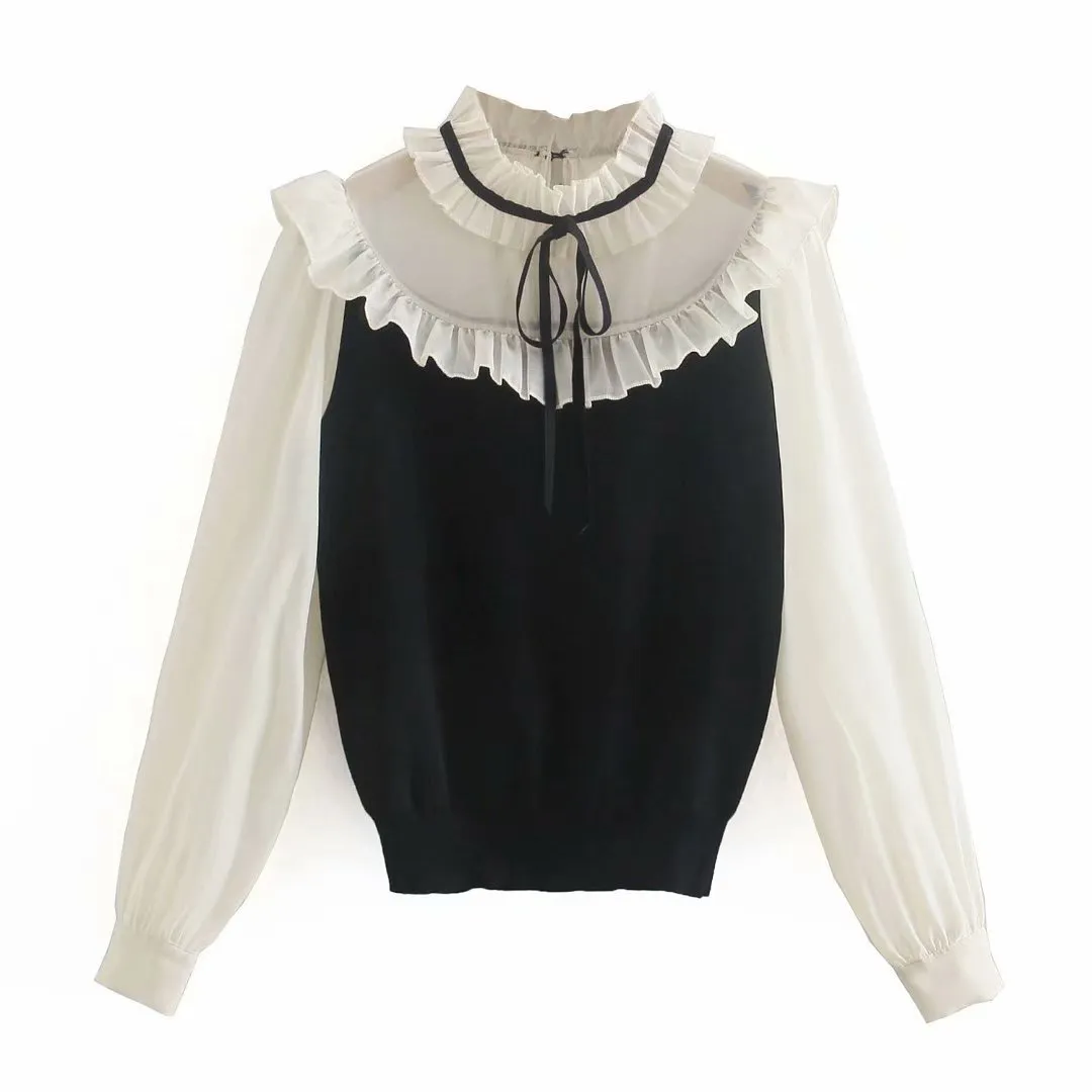 Women Sweet Ruffled Patchwork Knitted Sweater Long Sleeve Female Pullovers Streetwear Chic Girls 210430