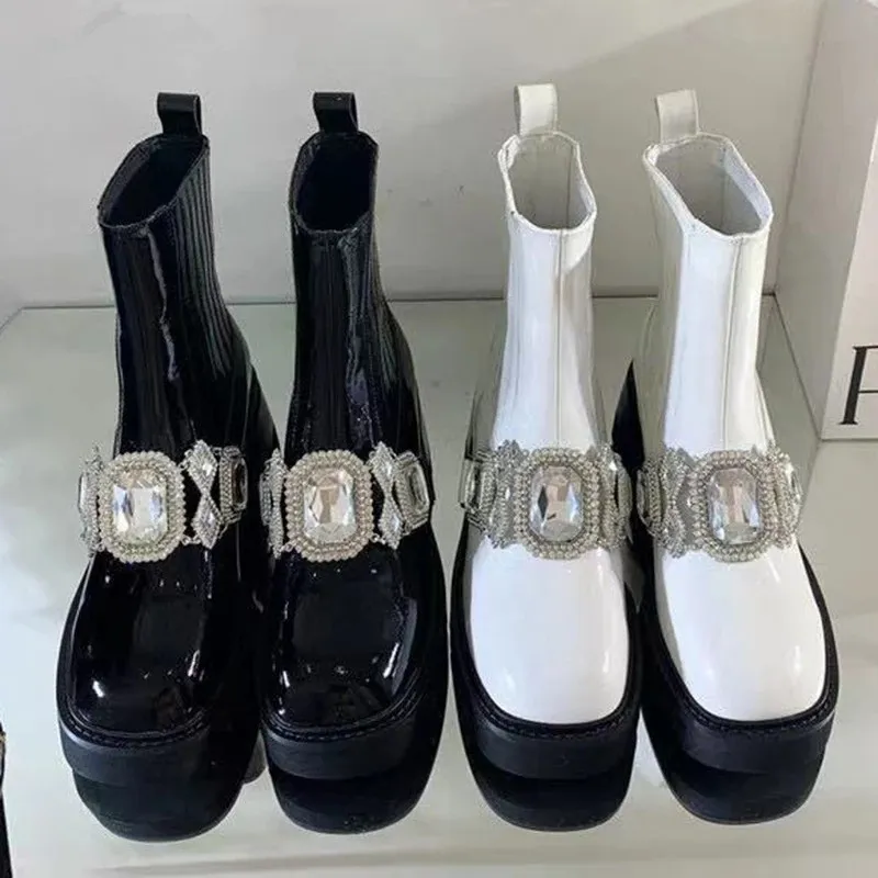 通販 限定価格送料無料 秋冬のファッションイギリス風マーティンブーツ女性のチャンキーヒール太い底チェルシーブートクリスタル装飾アンクルボタレディースハイエンドクオリティ レア Agroconserg Achic Com Pe