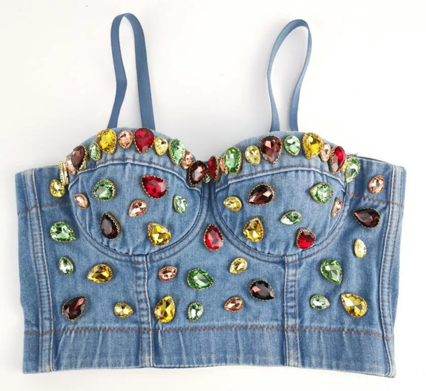 Rhinestone Denim Bustier Crop Top Colorful Crystal Jean