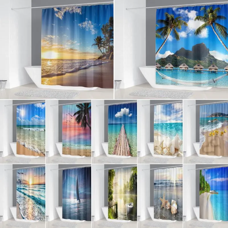 Plaj deniz manzarası kumaş duş perdesi banyo perdeleri su geçirmez polyester okyanus banyo ekranı ev dekor ile kanca