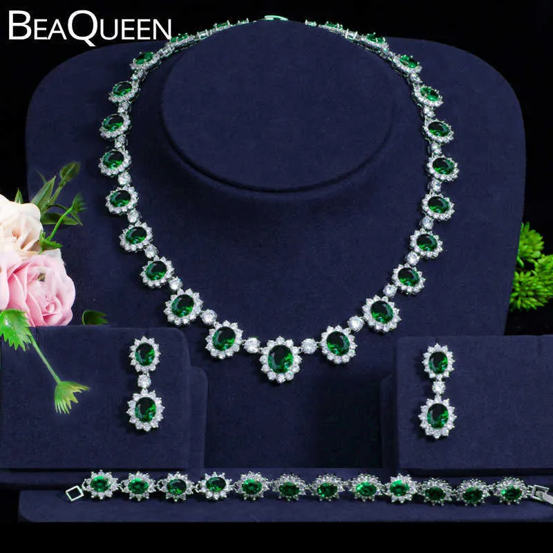 BeaQueen Gorgeous Cubic Zircon Green Drop Earrings Necklace and Bracelet 3pcs Jewelry Set Wedding Bridal Dress Accessories JS057 H1022