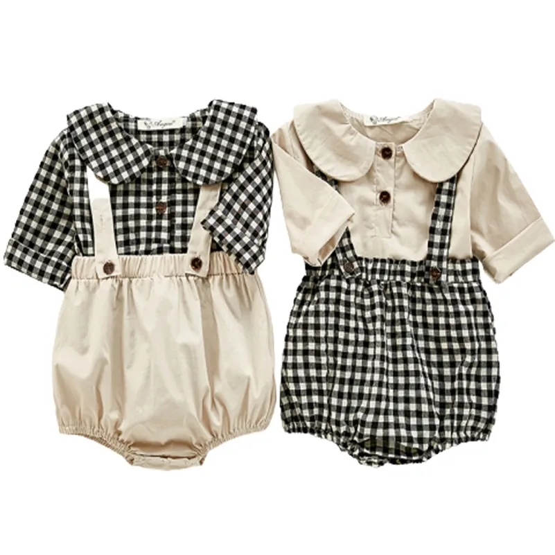 Höstkläder Tjejer Plaid Suit Little Pumpkin 0-3yrs Baby Bodysuits And Blouse 2PCS Spädbarn Kök Kläder Set Bomull 210417