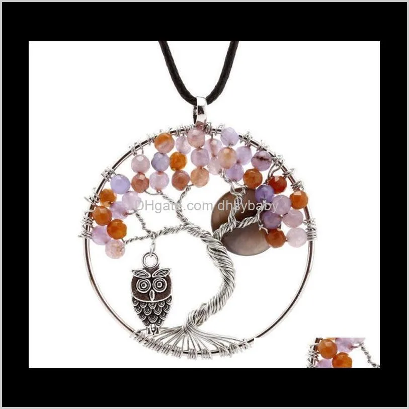 Ожерелья подвески бросают доставку 2021 Сова чары подвесной ожерелье из бусинки драгоценные камни Чакра натуральное каменное дерево жизни моды хрустальные украшения