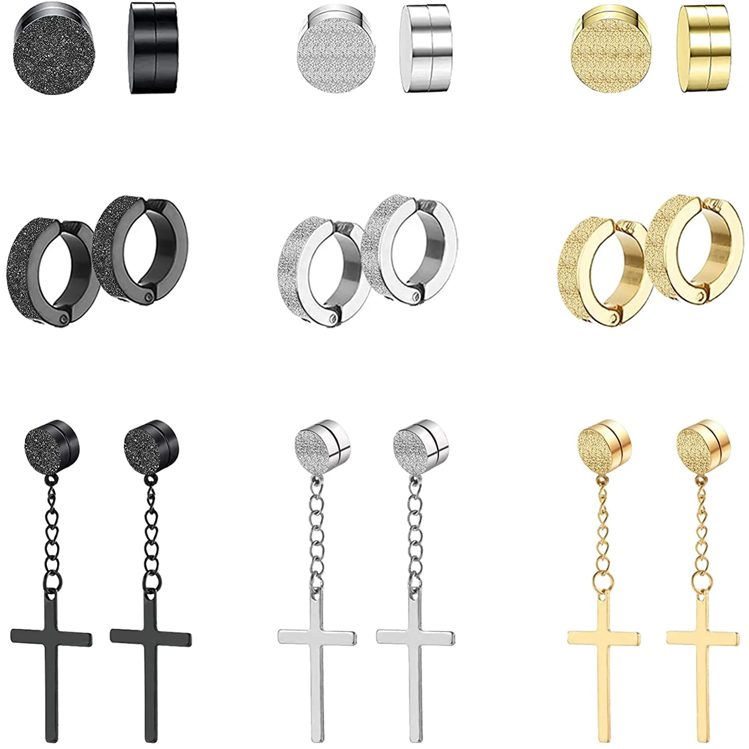 12 Pairs Stainless Steel Magnetic Non-Piercing Studs Cross Dangle Hoop  Earrings | eBay