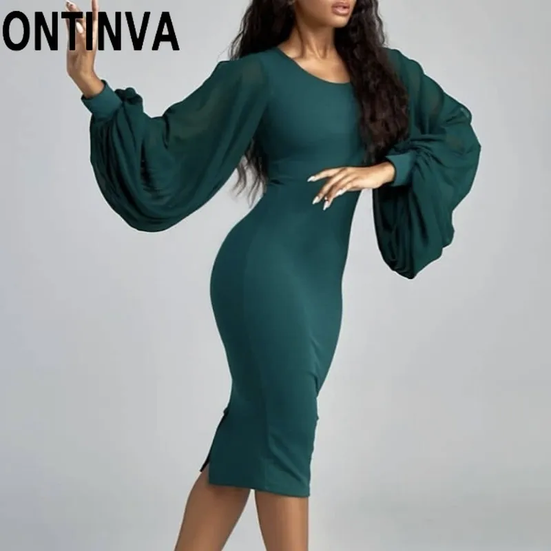 Bodycon klänningar kvinnor lykta ärm grön knä längd smal passform sexig fest firar mode kontor lady robe plus storlek 210527