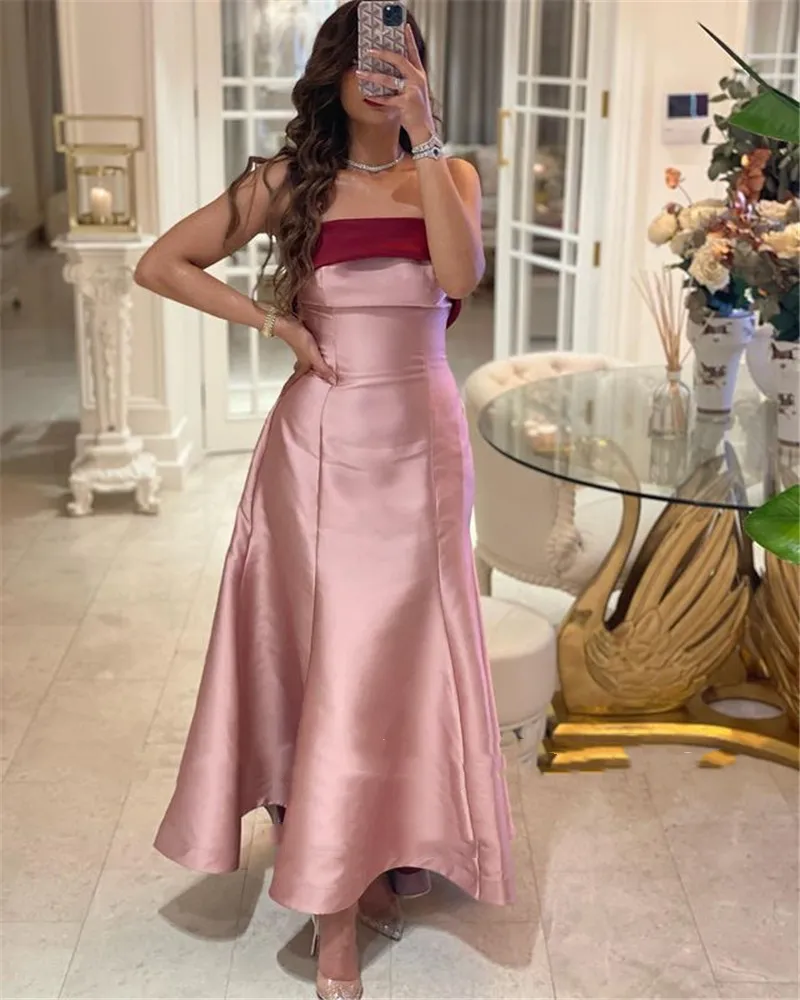 Élégant Blush Rose Et Bordeaux Satin Longues Robes De Soirée Cheville Longueur Bustier Simple Robe De Bal Saoudien Arabe Femmes Une Ligne Formelle Robes De Soirée